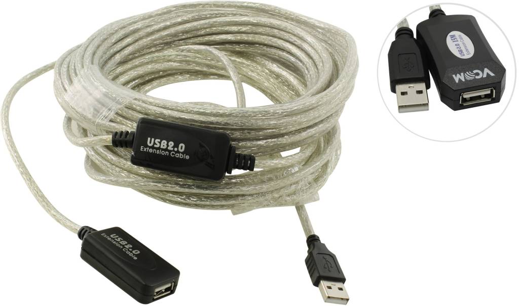купить Кабель удлинитель USB 2.0-repeater A-- >A 15м (активный) VCOM [VUS7049-15м]