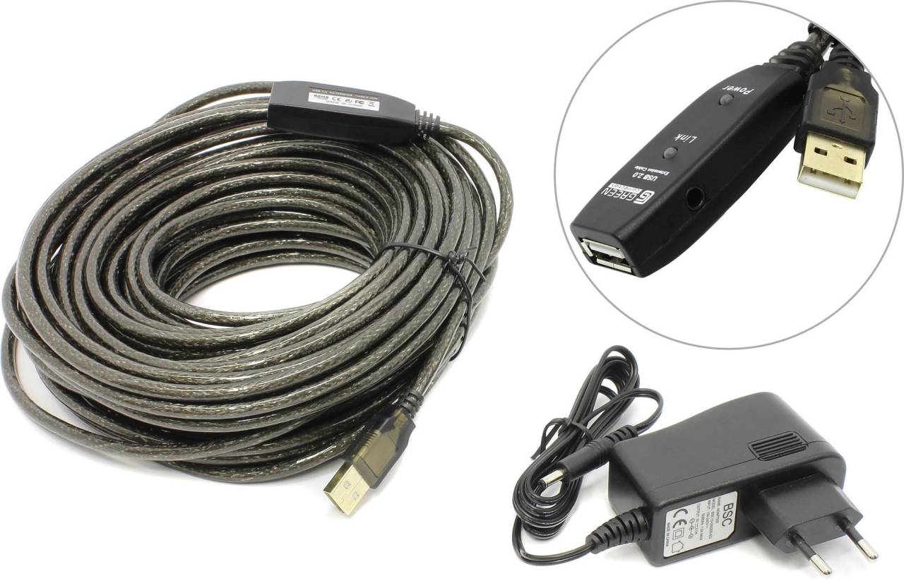    USB 2.0-repeater A-- >A 20 () Greenconnection [GC-UEC20M2+GC-PDE01]