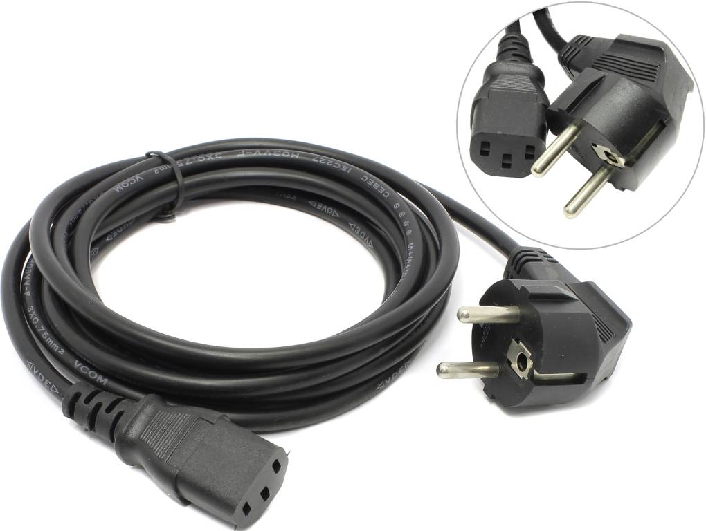 купить Сетевой кабель  3 м (сеть-системный блок)/(компьютер-розетка) 220V VCOM [CE021-CU0.75EURO-3м]