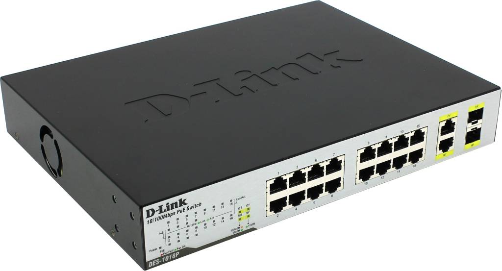   18-. D-Link [DES-1018P] 18-port PoE Switch(8UTP 10/100 PoE+8UTP 10/100+2UTP1Gb/SFP)