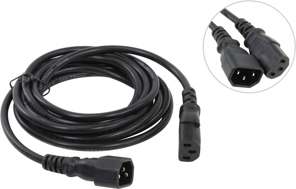 купить Сетевой кабель  3 м (монитор-системный блок) (IEC-320-C13-- > IEC-320-C14) VCOM [CE001-CU0.75-3м]