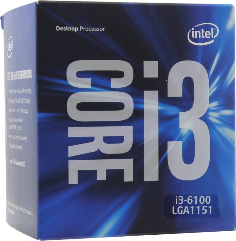  Intel Core i3-6100 BOX 3.7 GHz/2core/SVGA HD Graphics 530/0.5+ 3Mb/51W/8 GT/s LGA1151