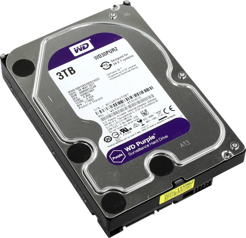 купить Жесткий диск 3 Tb SATA-III Western Digital Purple [WD30PURZ] 3.5” 5400rpm 64Mb