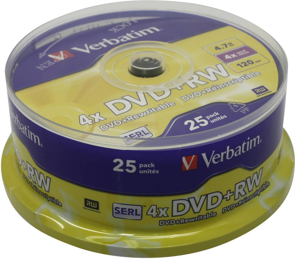 купить Диск DVD+RW Verbatim 4x 4.7Gb (25 шт) Cake Box 43489