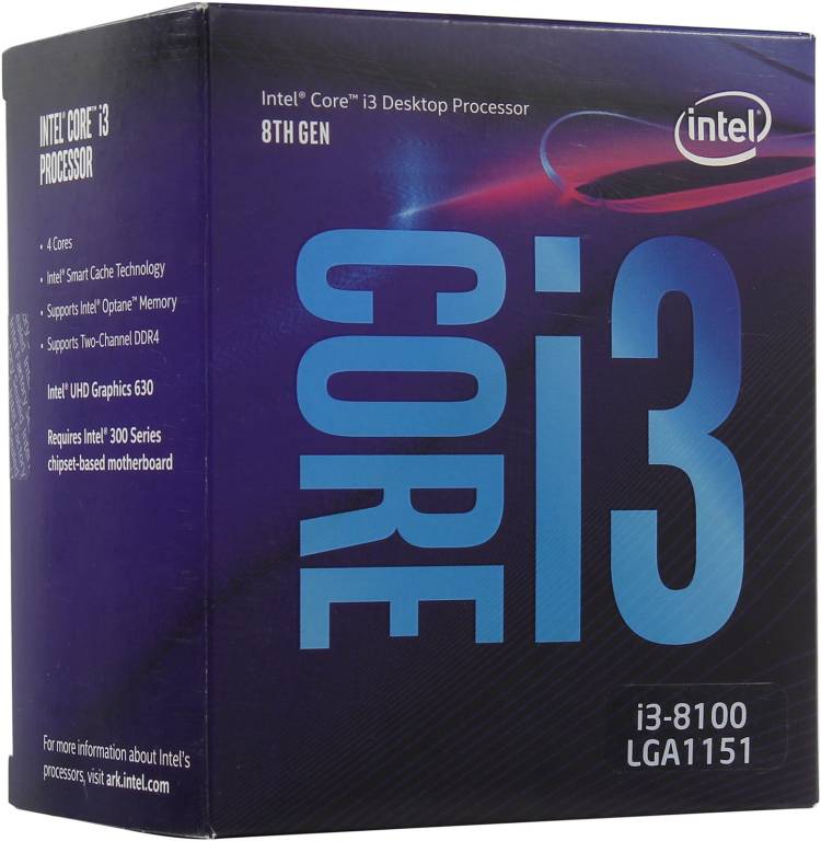   Intel Core i3-8100 BOX 3.6 GHz/4core/SVGA UHD Graphics 630/ 6Mb/65W/8 GT/s LGA1151