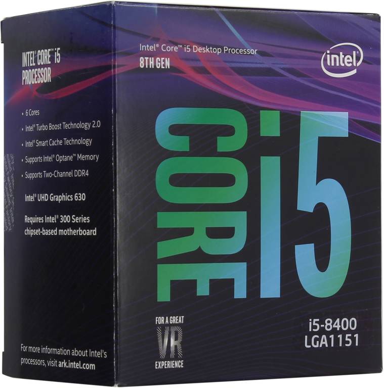   Intel Core i5-8400 BOX 2.8 GHz/6core/SVGA UHD Graphics 630/1.5+9Mb/95W/8 GT/s LGA1151
