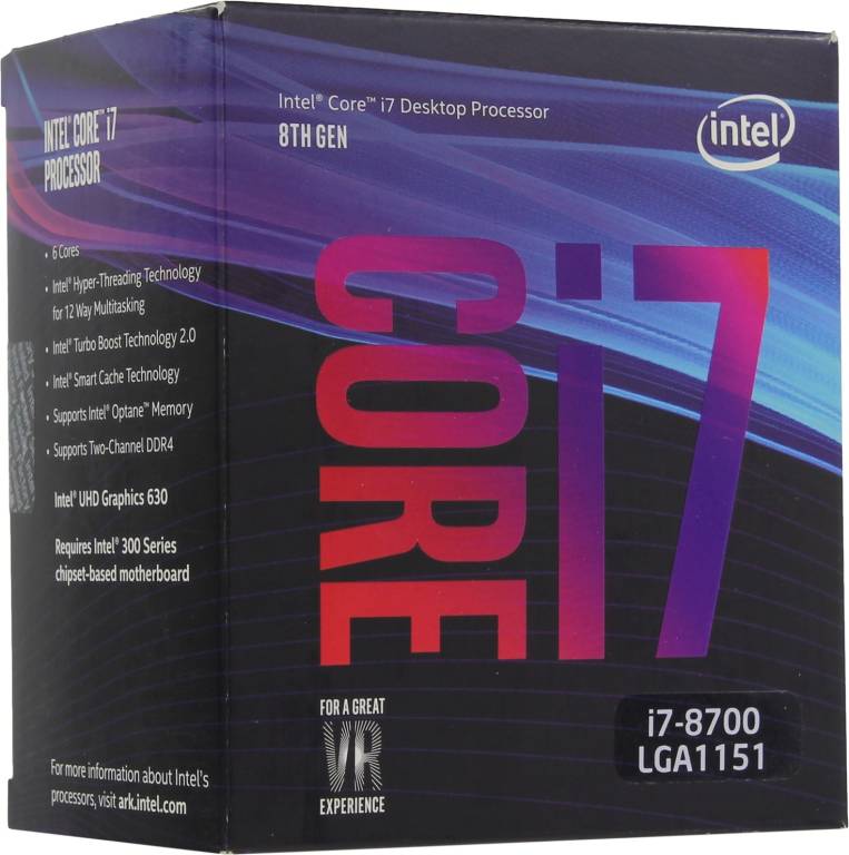   Intel Core i7-8700 BOX 3.2 GHz/6core/SVGA UHD Graphics 630/1.5+12Mb/65W/8 GT/s LGA1151