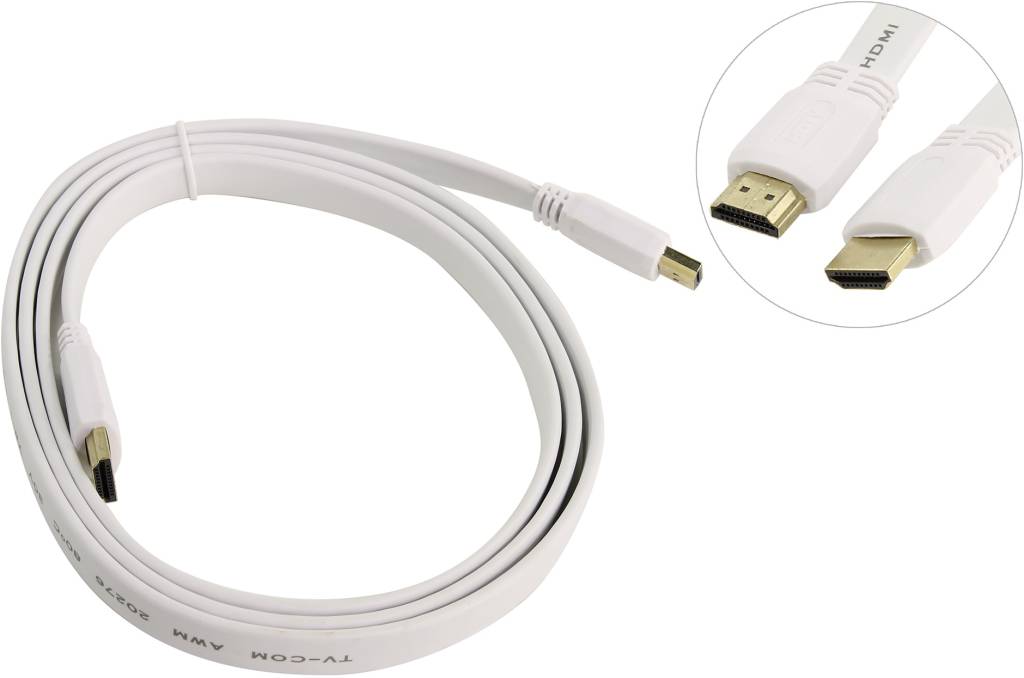 купить Кабель HDMI to HDMI (19M -19M)  1.5м v1.4 (плоский, белый) TV-COM [CG200FW-1.5м]