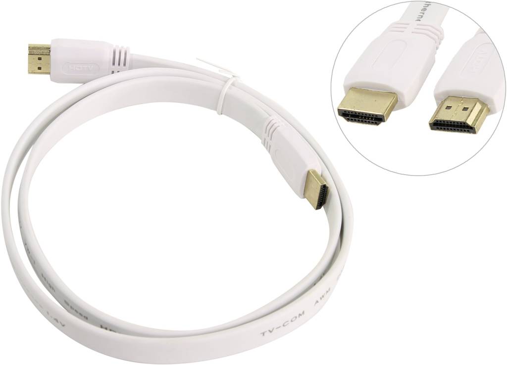 купить Кабель HDMI to HDMI (19M -19M)  1.0м v1.4 (плоский, белый) TV-COM [CG200FW-1м]