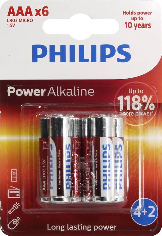  .  PHILIPS Power Alkaline LR03P6BP/10 SizeAAA, 1.5V,  (alkaline) [. 6 ]