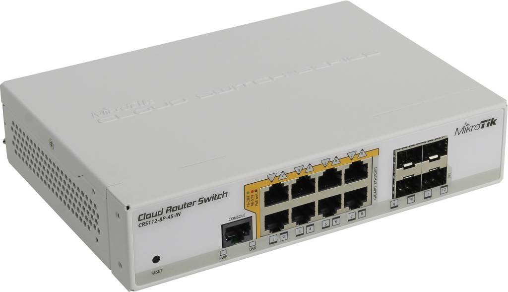   12-. MikroTik [CRS112-8P-4S-IN] Cloud Router Switch (8UTP/WAN 1000Mbps + 4SFP)