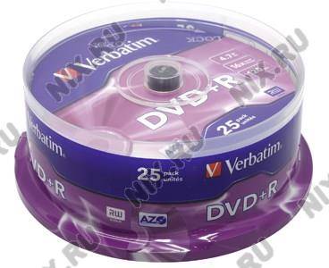 купить Диск DVD+R Verbatim 16x 4.7Gb (25 шт) Cake Box 43500