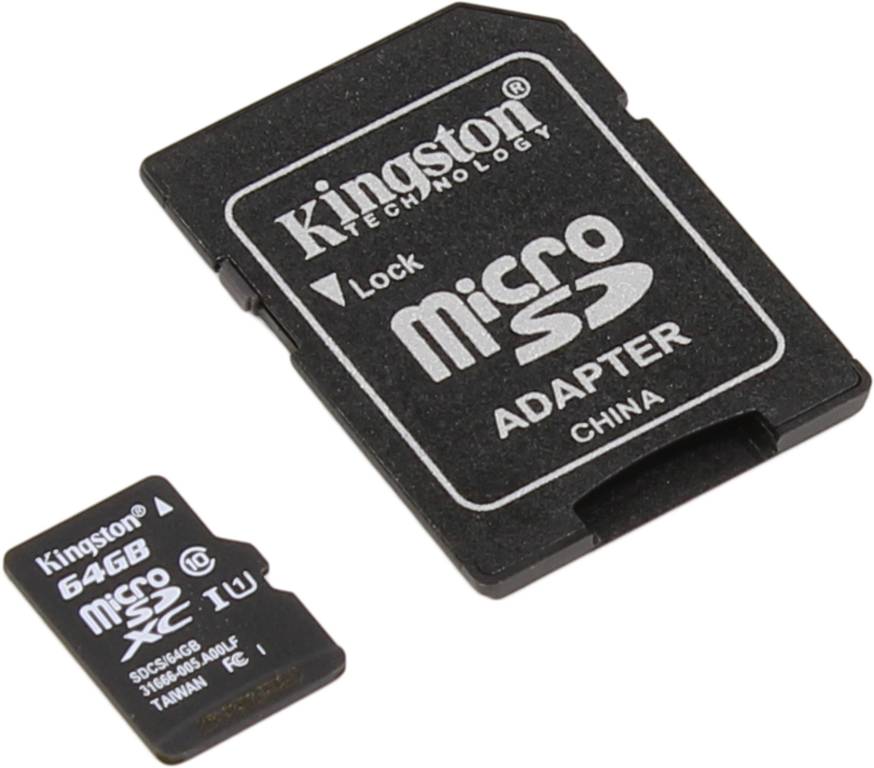    microSDXC 64Gb Kingston [SDCS/64GB] UHS-I U1 + microSD-- >SD Adapter