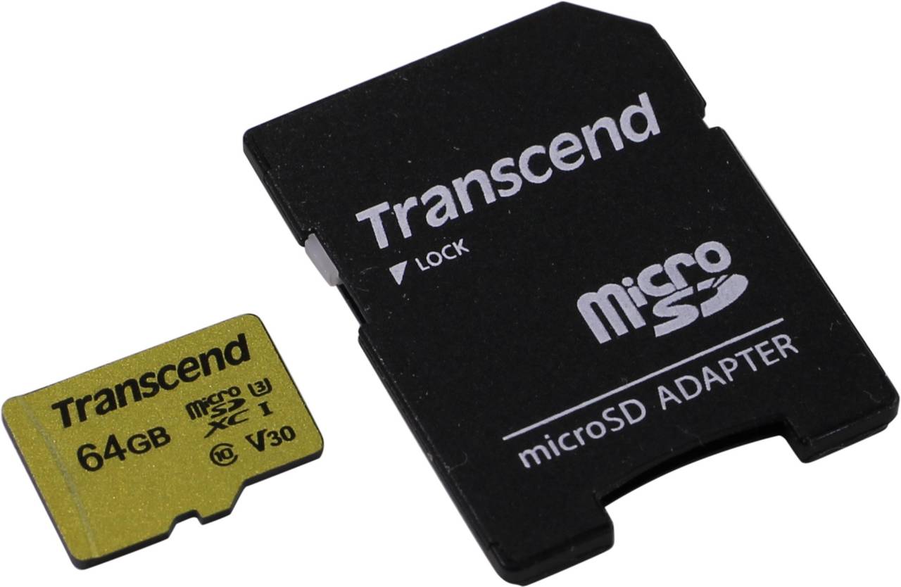    microSDXC  16Gb Transcend [TS64GUSD500S] UHS-I U3 V30+microSD-- >SD Adapter Memory Card
