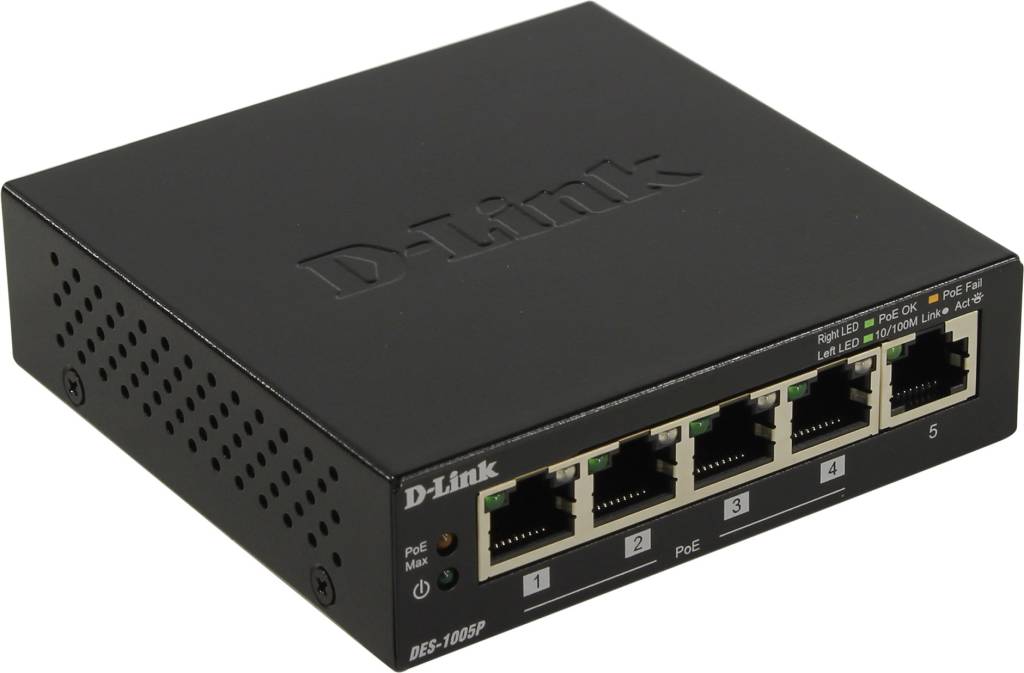    5-. D-Link [DES-1005P/B1A] Desktop PoE Switch (4UTP 100Mbps PoE+ 1UTP 100Mbps)