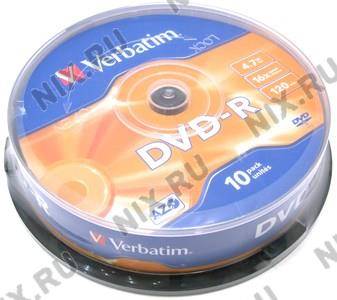 купить Диск DVD-R Verbatim 16x 4.7Gb ( 10 шт) Cake box [43523]