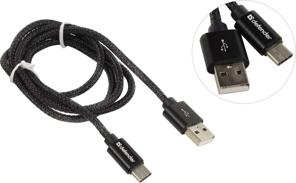 купить Кабель USB2.0 AM-- >USB-C M 1.0м Black Defender [87814]