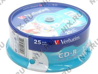 купить Диск CD-R 700Мб Verbatim 52x ( 25 шт) Cake Box printable (43439)