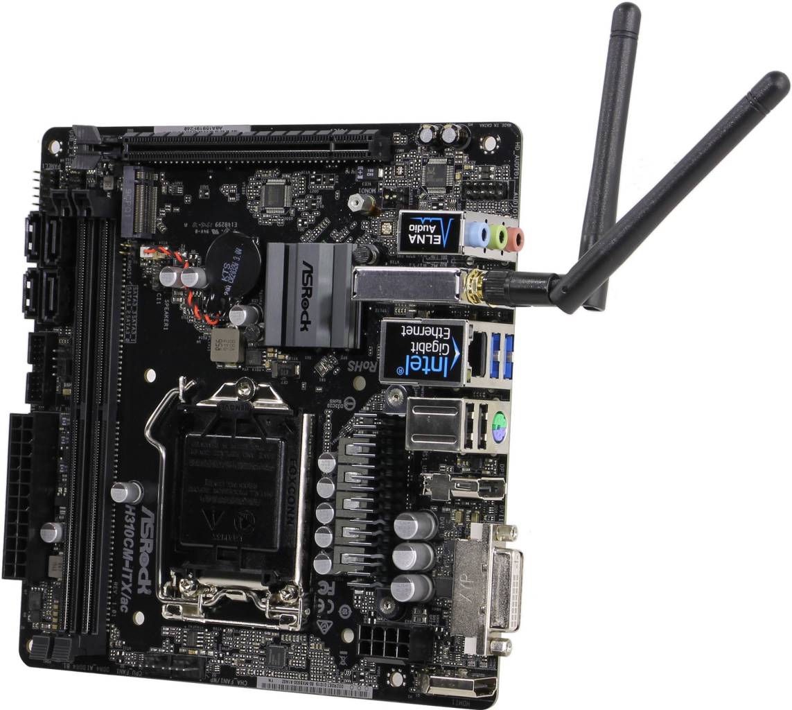    LGA1151 ASRock H310CM-ITX/AC(RTL)[H310]PCI-E DVI+HDMI+DP GbLAN SATA Mini-ITX 2DDR4
