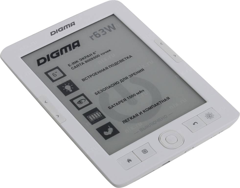  Digma R63W White (6, mono,, 800x600,4Gb,FB2/PDF/RTF/EPUB/JPG/BMP, microSDHC, USB2.0)