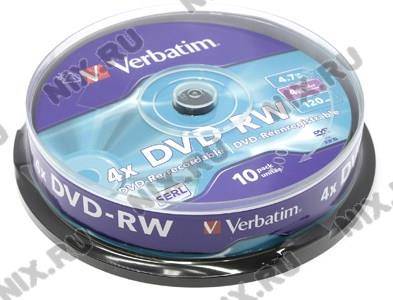 купить Диск DVD-RW Verbatim 4x 4.7Gb (10 шт) Cake box 43552