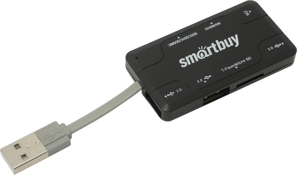   Smartbuy [SBRH-750-K] USB2.0 MMC/SD/microSD/MS(/Pro/Duo/M2) Card Reader/Writer+3portUSB2.0