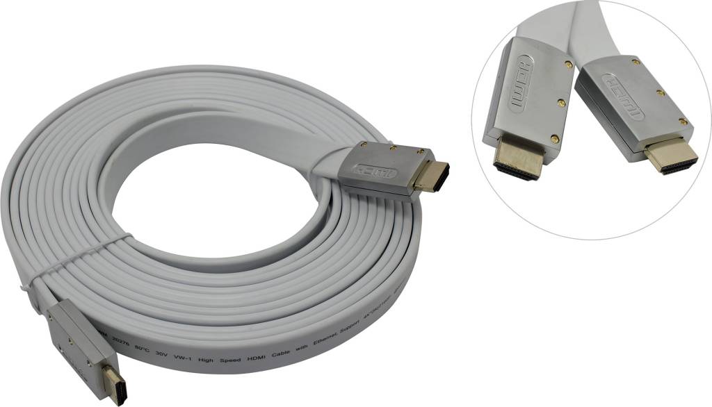 купить Кабель HDMI to HDMI (19M -19M)  5.0м ver2.0 (плоский, белый) AOpen [ACG568F-S-5м]