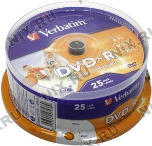 купить Диск DVD-R Verbatim 16x 4.7Gb ( 25 шт) Cake box printable (43538)