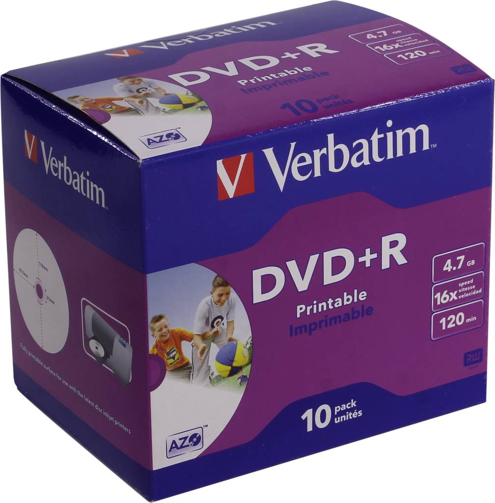 купить Диск DVD+R Verbatim 4.7Gb 16x [уп. 10 шт] printable [43508]